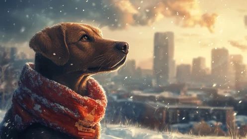 Dog in red scarf faces snowy city skyline at golden sunset