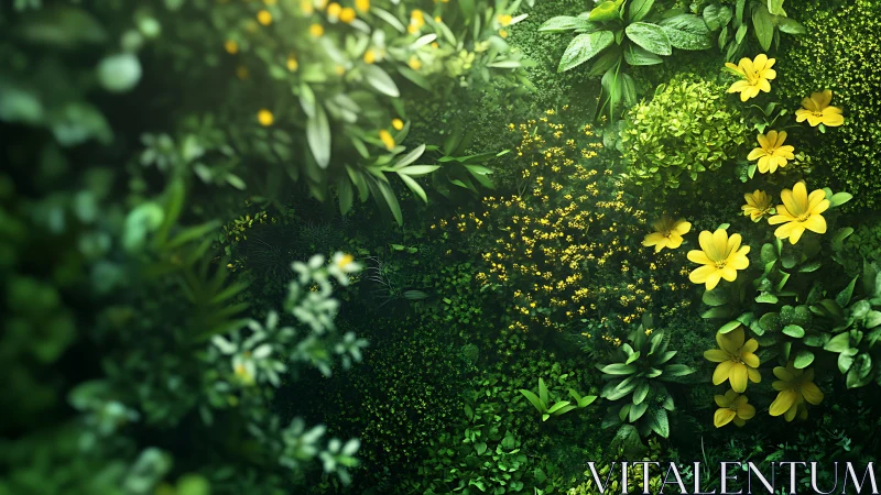 Spring Garden with Yellow Flowers and Layered Foliage.