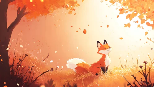 Soft-lit fox beneath glowing autumn canopy in meadow.