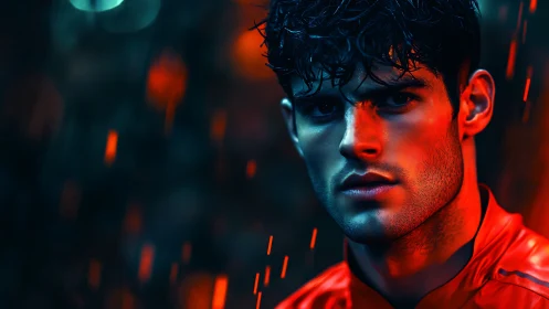 Moody neon portrait of a determined young man in the rain.