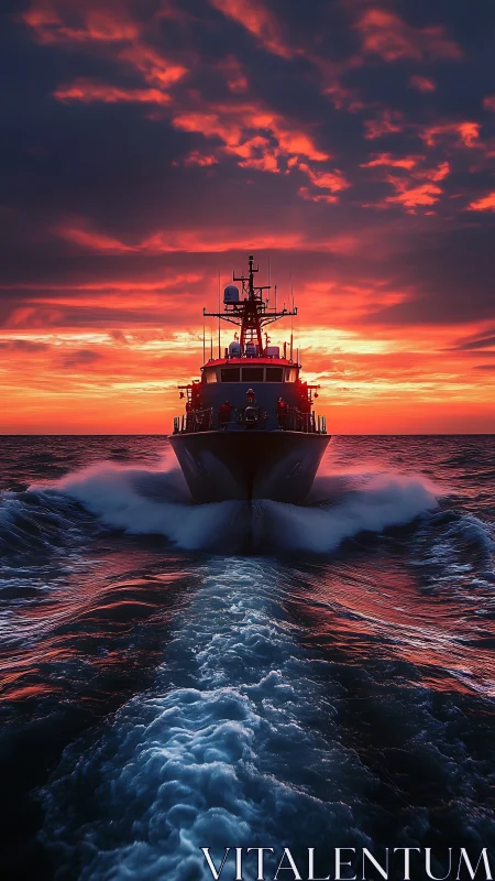 Patrol vessel bow-on at speed under high-contrast crimson sunset