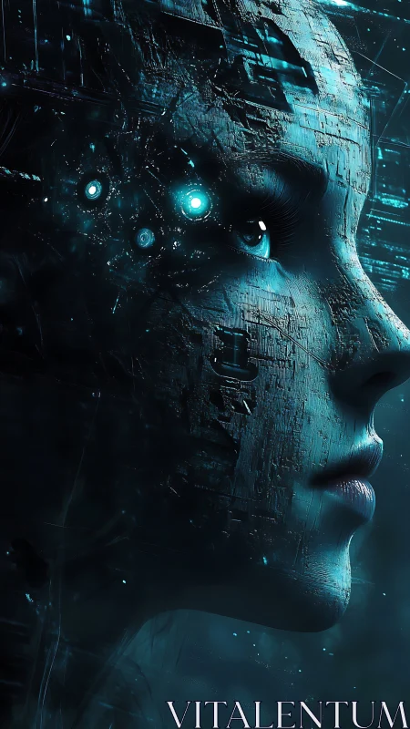 Cyborg profile with illuminated circuitry and worn surface.