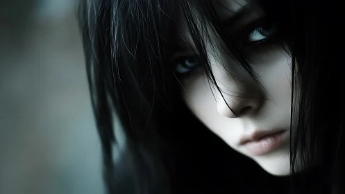 Moody close-up portrait with soft, searching blue eyes.