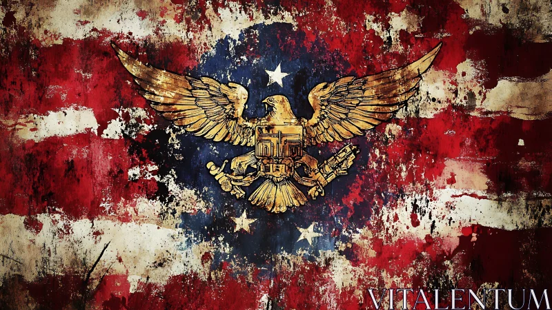 Grunge style American flag background with golden eagle emblem.