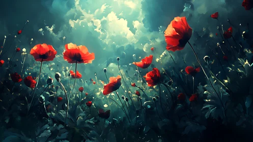 Vibrant Poppies Beneath Luminous Clouds. Digital Illustration.