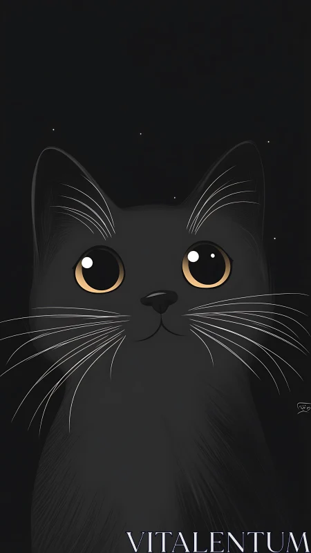 Black Cat with Golden Eyes Against Dark Background.