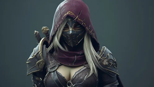 Mysterious hooded rogue in ornate battleworn armor.