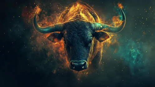 Fiery cosmic bull head emerges through swirling nebula flames.