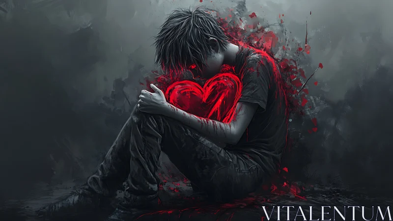 Young soul cradling a glowing red heart in quiet sorrow.