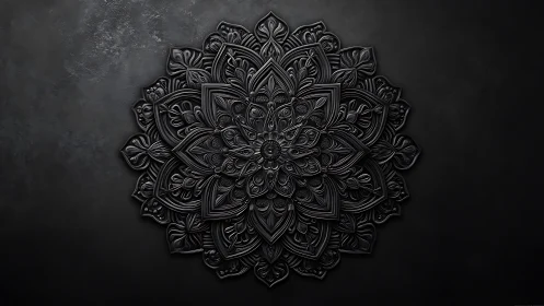 Intricate black mandala relief casts subtle light shadows