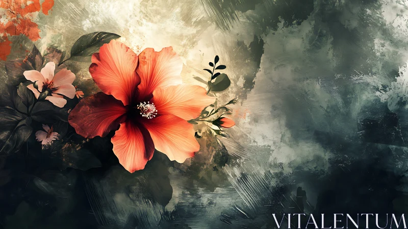 Scarlet Hibiscus Blooms Against Atmospheric Abstract Wash