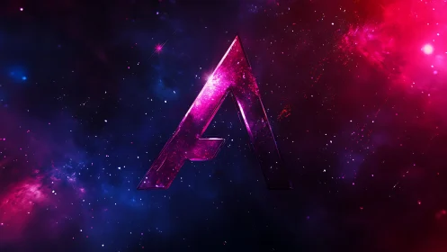 Neon magenta letter A rendered as glossy galactic monolith in space