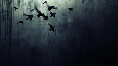 Midnight birds carving quiet paths through rainy darkness.