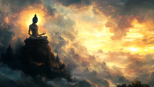Serene meditating figure above clouds in glowing sky.