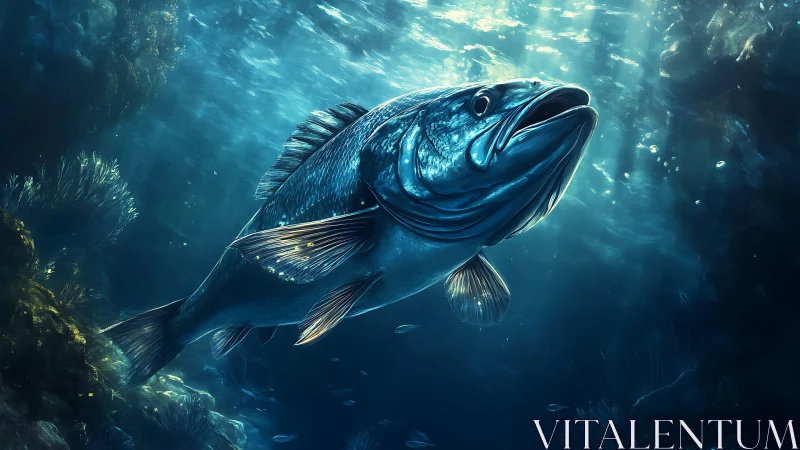 Majestic blue fish glides through a sunlit ocean cavern
