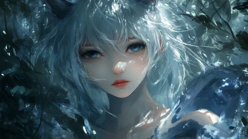 White haired anime figure with blue eyes in foliage setting.