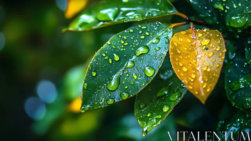 Raindrops on vibrant green and golden garden leaves.