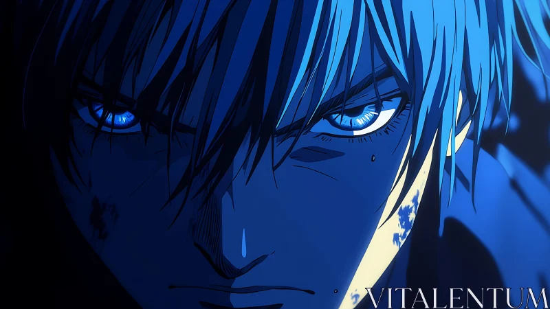 Blue blaze stare of a battleworn anime antihero at midnight.