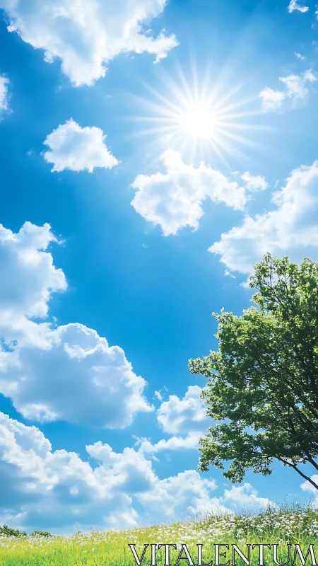 Sunlit meadow daydream under wide open blue skies.