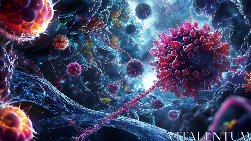 Microscopic virus-like particles rendered in glowing 3D scene