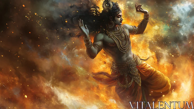 Mythic deity figure in dynamic fiery cosmic environment.