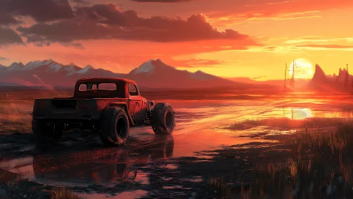 Rust-tough wasteland truck chasing molten sunset horizons.