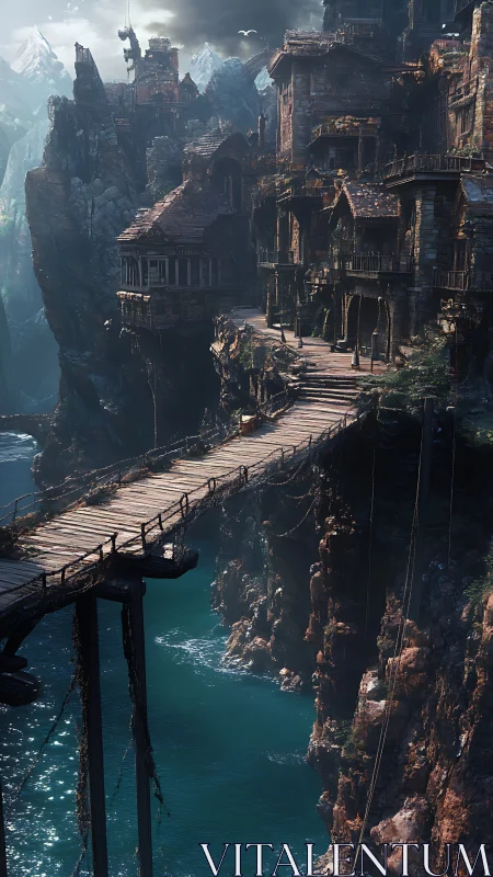 Cragbound harbor dwellings lean over a creaking cliff bridge