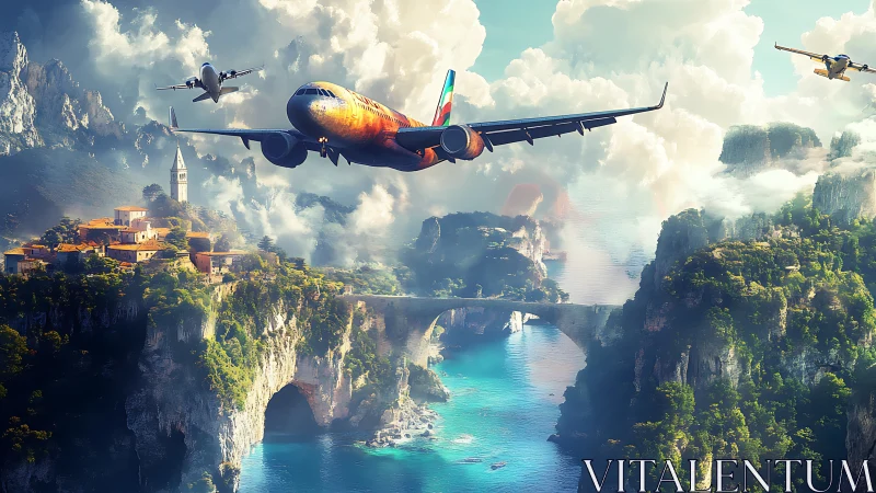 Jet airliners fly over vivid cliffs and turquoise coast.