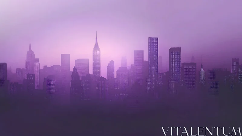 Purple-lit city skyline emerges through dreamy urban haze.