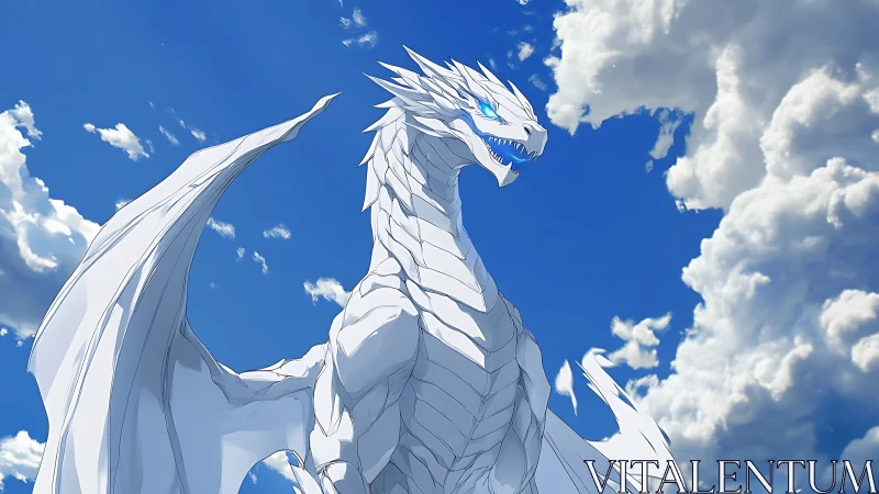 White dragon with blue eyes against bright clouded sky.