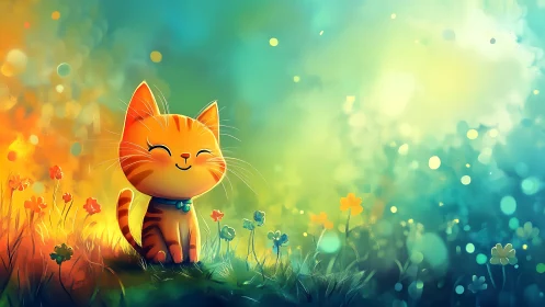 Smiling Orange Cat in Luminous Wildflower Meadow.