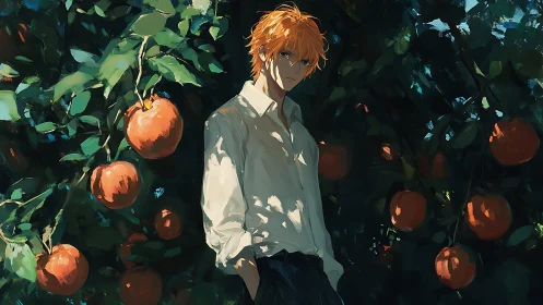 Ginger‑haired dreamer brooding beneath a twilight orchard canopy.