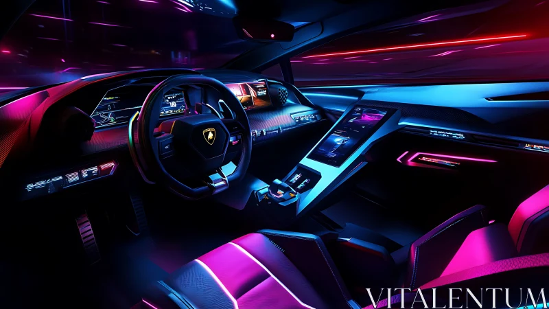 Futuristic sports car cockpit with neon digital interface.