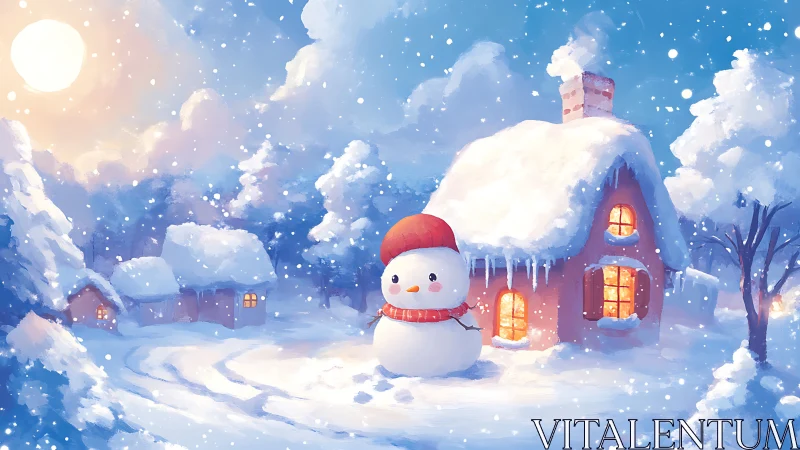 Snow-covered cottage landscape with glowing windows at dusk