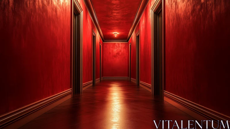Red hotel corridor with multiple doors and warm lighting.