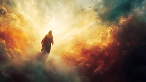 Lone robed figure ascends through blazing celestial clouds