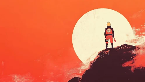 Backlit ninja silhouette on rocky summit against solar disc.