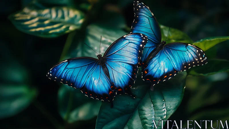 Morpho butterfly triad on wet foliage under diffuse light.