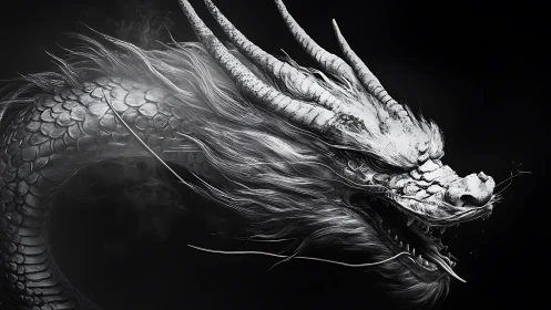 Mythic dragon sweeps through darkness in silver detail