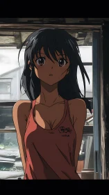 Anime girl stands in sunlit doorway, lost in quiet thought