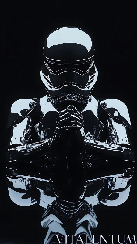 Chrome armored android in meditative pose under dramatic reflections