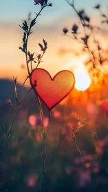 Red Heart Silhouette Against Golden Sunset Field
