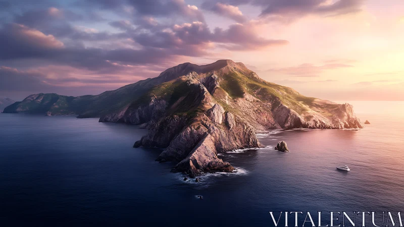 Mountain Island Emerges From Twilight Waters in Golden Hour.