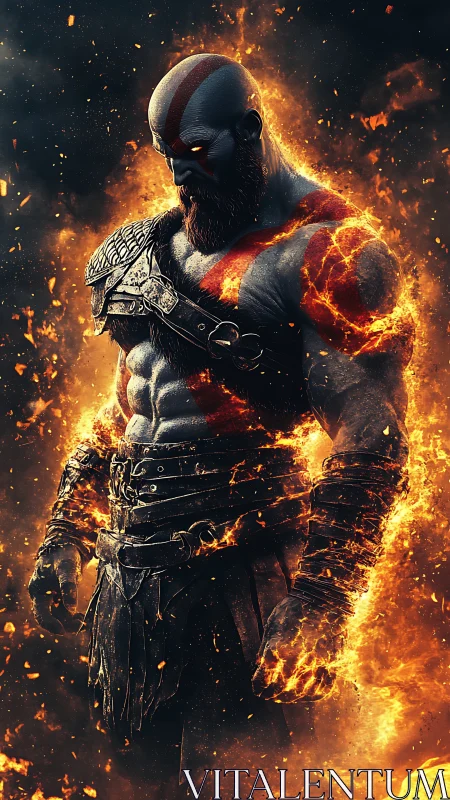 Flaming warrior titan in molten armor amidst swirling embers.