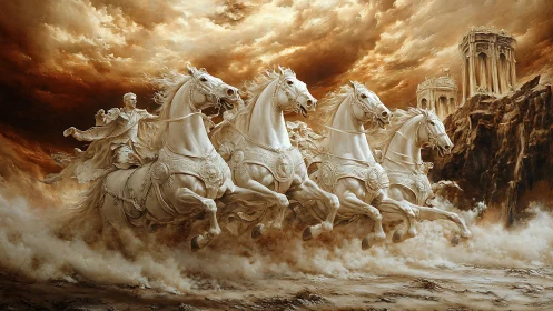 Galloping marble horses thunder across a storm lit sky