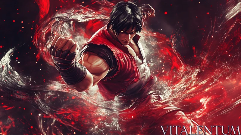 Martial artist channels crimson energy in dynamic vortex.
