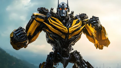 Armored yellow mech warrior poised over misty skyline.