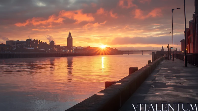 Urban riverfront sunrise ignites reflective waterfront sky.