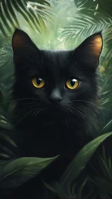 Black cat with golden eyes watches silently in jungle foliage