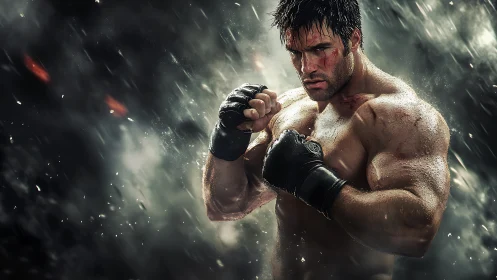 Bruised mixed martial artist posing in fighting stance.